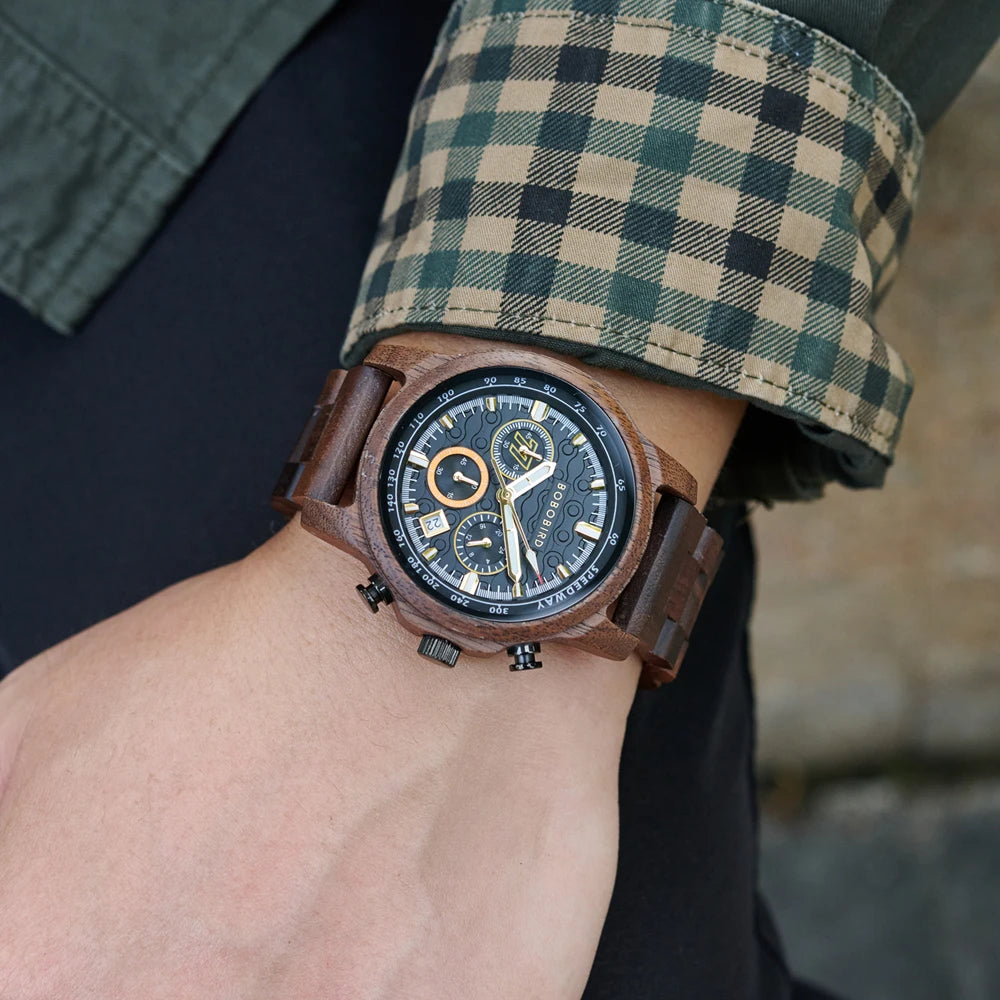 Luxury Automatic Chronograph Wooden Wristwatch for Men by Top Brand